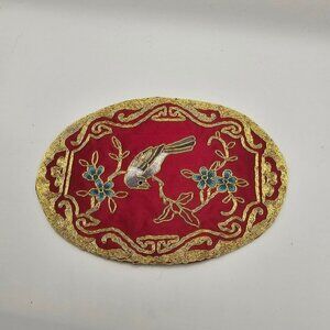 Vintage Oval Hand-Embroidered Bird & Floral Red Silk Decorative‎ Mat